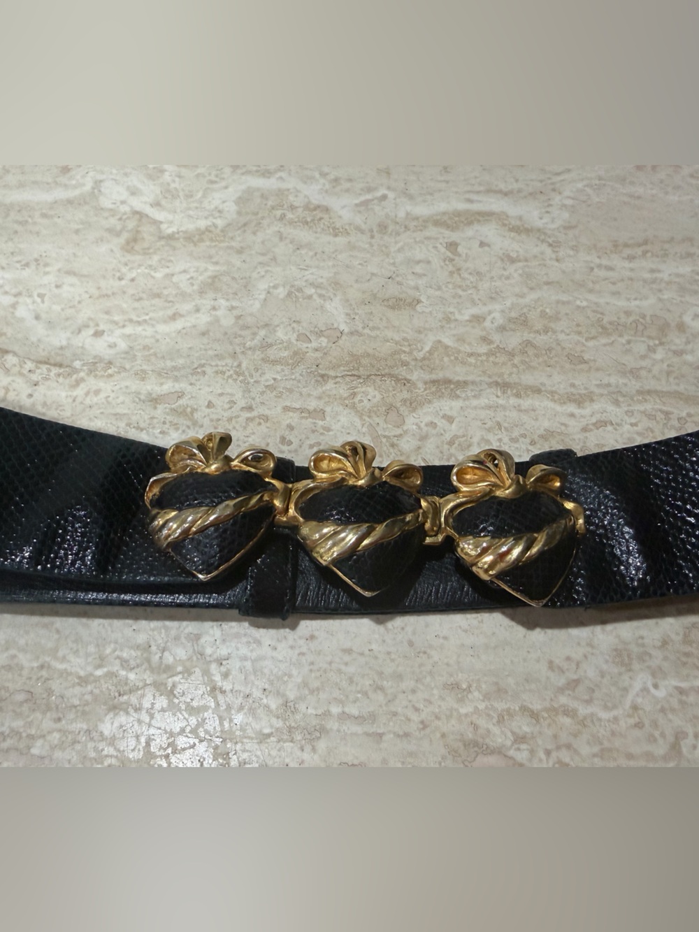 Judith Leiber Black Belt with Gold Bow & heart Embellishments